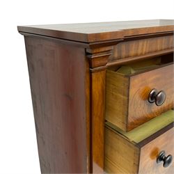 Victorian mahogany straight fronted chest, fitted with four drawers enclosing by square upright pilasters, on stepped chamfered plinth base