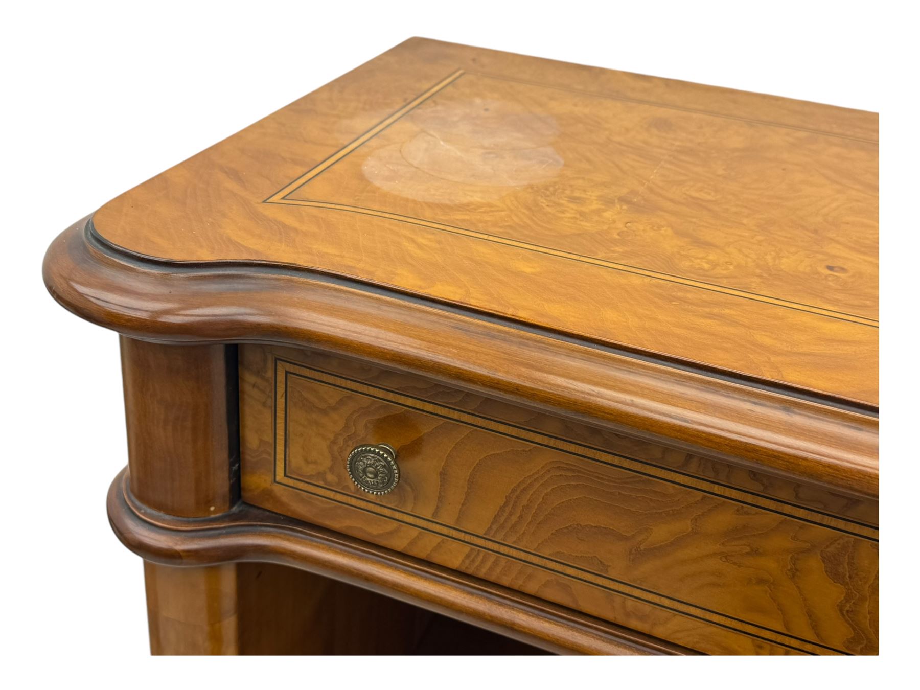 Figured walnut open bookcase, moulded top over two drawers and two shelves, on plinth base 