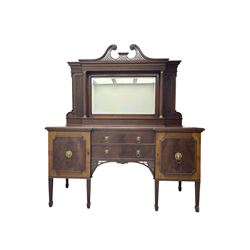 19th century mahogany sideboard, raised mirror back with carved fretwork and two fluted columns, above two cupboards and two drawers with lion mask handles