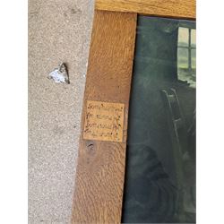 Arts and Crafts Motto frame, circa 1900, inlaid with an oval plaque depicting a cottage, two inlaid motto panels with title inlaid below 