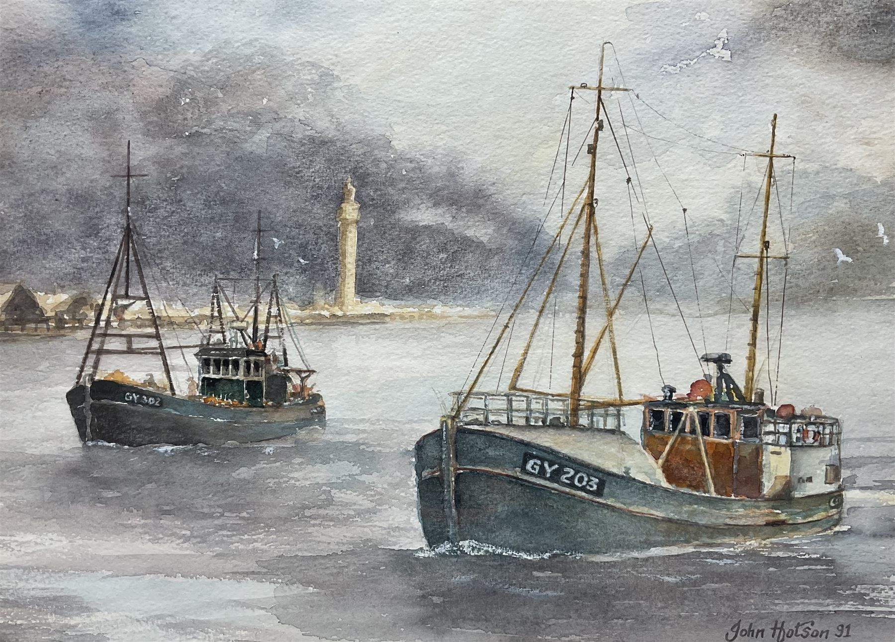 John Hotson (British 20th century): Grimsby Fishing Trawlers at Sea, watercolour signed and dated '91, 28cm x 38cm