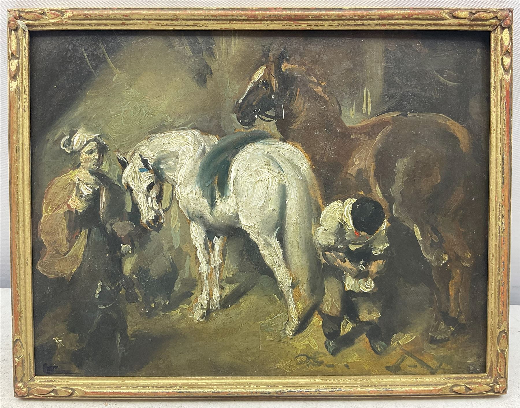 After John Frederick Herring Sr. (British 1795-1865): 'The Blacksmith Shop', oil on board, indistinctly signed and titled 'The Forge' verso 15cm x 20cm