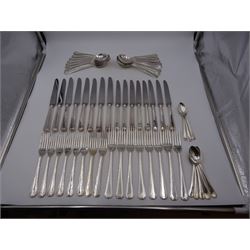 Mappin & Webb Athenian pattern silver cutlery for eight place settings, comprising table forks, silver handled table knives, dessert spoons, dessert forks, silver handled butter knives, soup spoons and teaspoons, hallmarked Mappin & Webb Ltd, Sheffield 1978, contained within anti-tarnish fabric wraps and boxed 