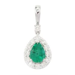 18ct white gold pearl cut emerald and round brilliant cut diamond pendant, stamped 750, emerald 0.86 carat, total diamond weight approx 0.40 carat