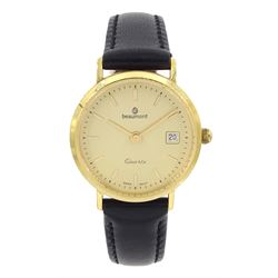 Beaumont ladies 18ct gold quartz presentation wristwatch, champagne dial with baton hour markers and date aperture, London 2004, on black leather strap, hallmarked, boxed