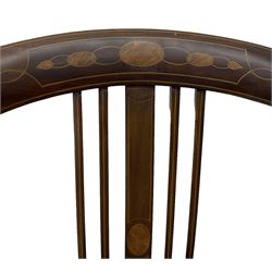 Edwardian inlaid mahogany desk chair, curved back inlaid with panel decorated with overlapping oval motifs, upholstered seat, on square tapering supports with spade feet