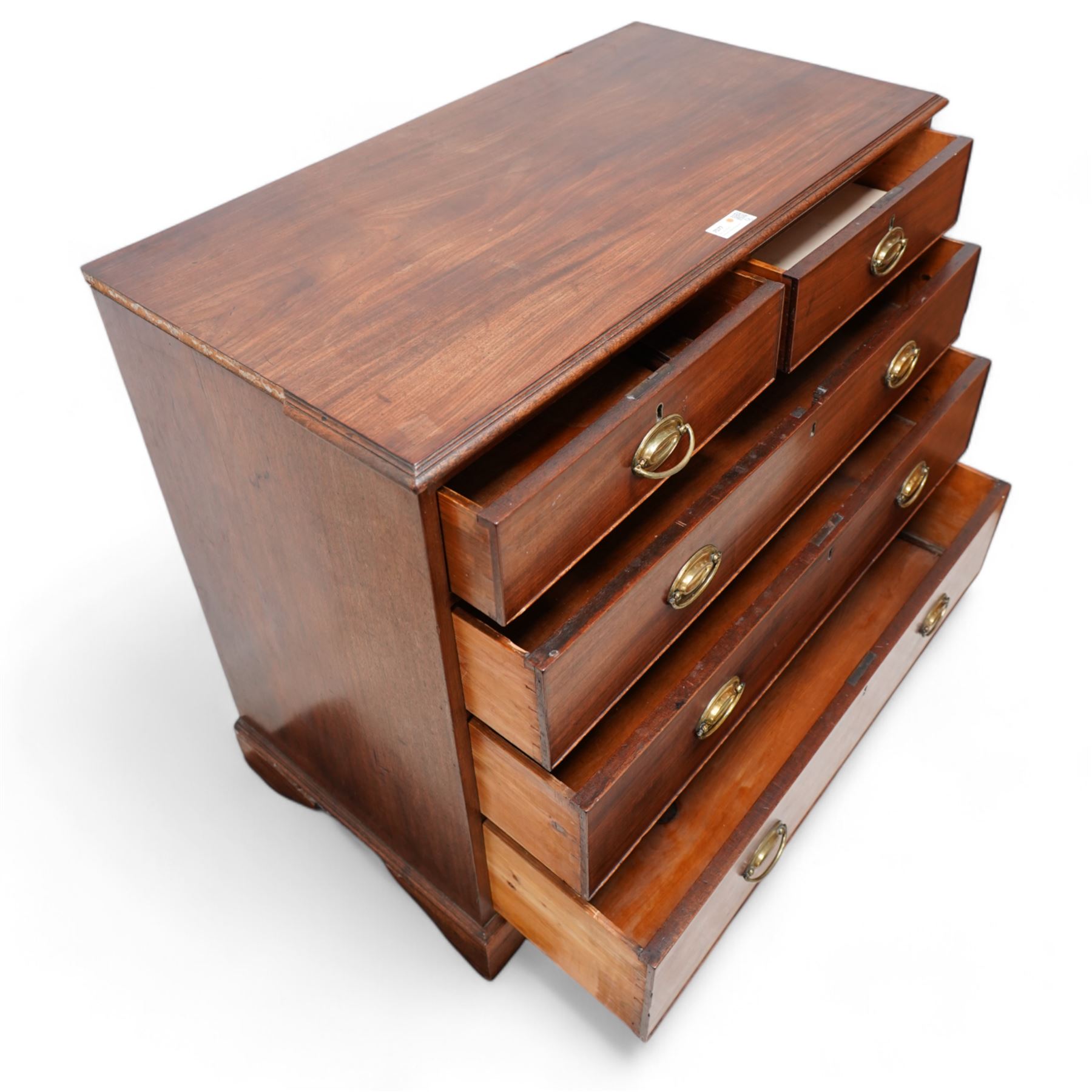 George III mahogany chest, rectangular top over two short and three long graduating cock-beaded drawers, on bracket feet