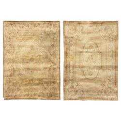 Chinese Savonnerie beige ground rug, central medallion surrounded by scrolling acanthus le...