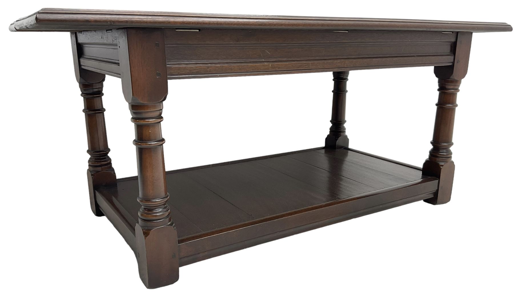 Rectangular mahogany coffee table, moulded rectangular top, turned supports united by undertier 