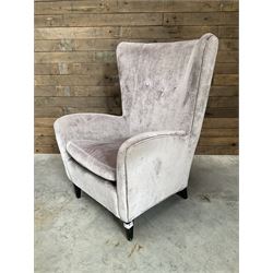 2 x Wing back armchair upholstered in silver crushed velvet fabric