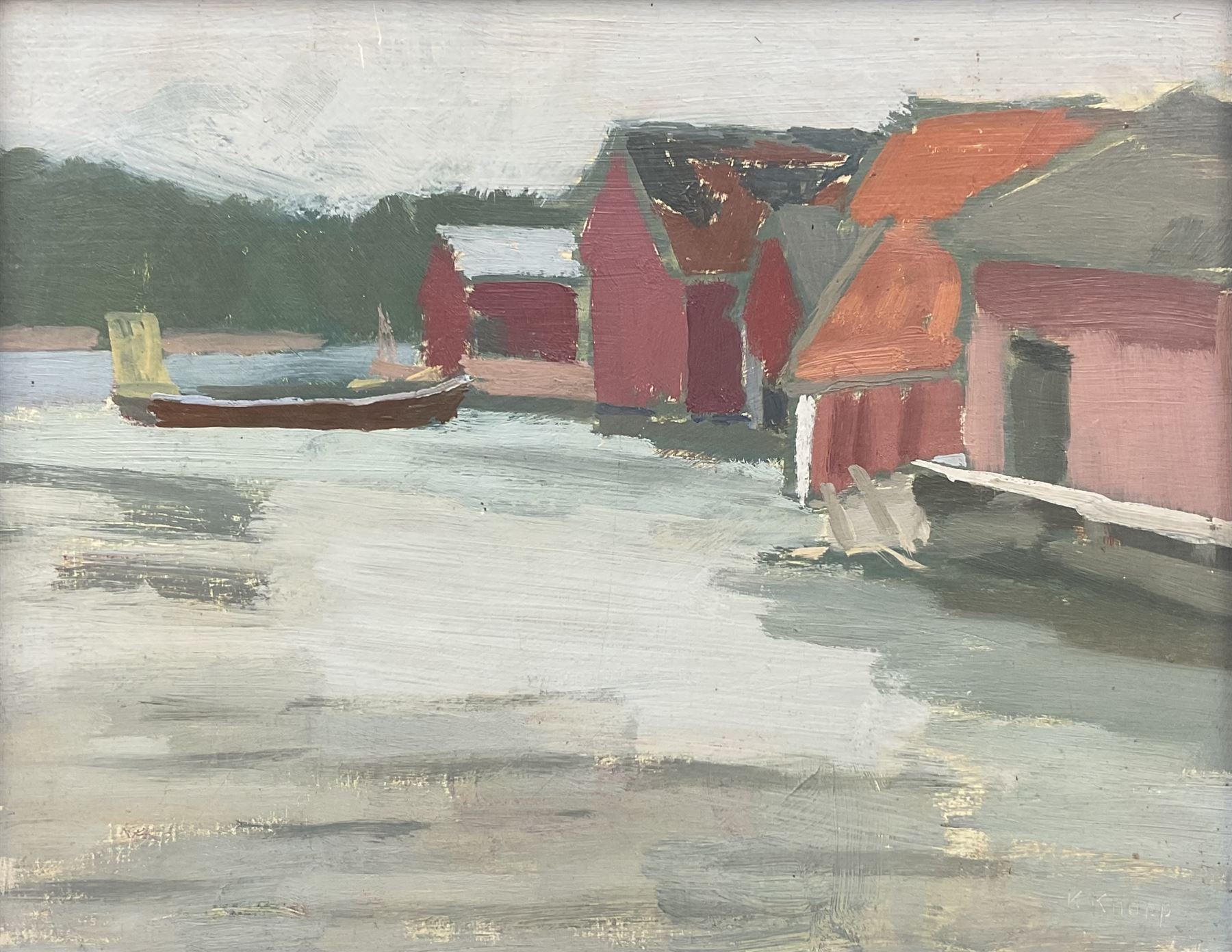 K Knapp (German 20th Century): Boatsheds, oil on board signed 25cm x 32cm 