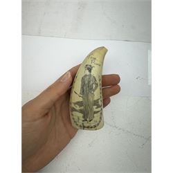 Two 19th century scrimshaw whale tooth, the first depicting a erotic scene, the second depicting Tom Paine, largest L11cm 