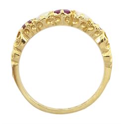 14ct gold five stone oval cut ruby and opal ring, London 2006