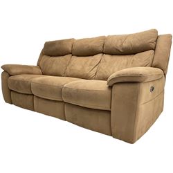 Electric reclining three-seat sofa (W213cm, H100cm) and matching armchair (W109cm) upholstered in brown fabric