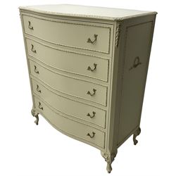 French classic design cream painted serpentine chest, shaped top with acanthus moulded edge, fitted with five long drawers, on cabriole supports decorated with applied acanthus leaves