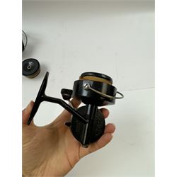 Four fishing reels, Winfield Beach fisher rod, Winfield International 20 , DAM International etc 