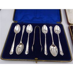 Set of six 1920s silver coffee spoons and a pair of sugar tongs, hallmarked William Hutton & Sons Ltd, Sheffield 1923-1926, together with a set of six mid-20th century silver coffee spoons, hallmarked Viner's Ltd, Sheffield 1952, both sets contained within fitted cases 