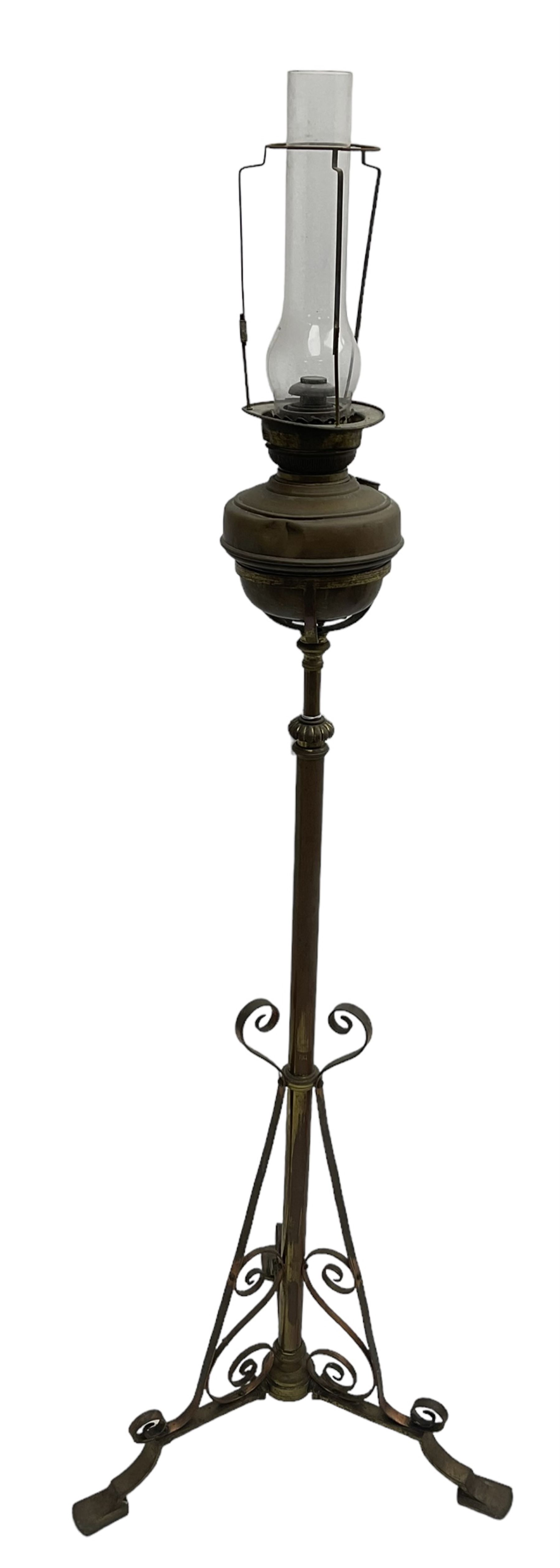 Victorian standard oil lamp, turned column with scrolled supports (H168cm); together with a small antique oil lamp (2)