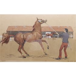 Muriel Gill (British mid 20th century): In the Training Paddock, watercolour and ink signed and dated 1973, 41cm x 65cm