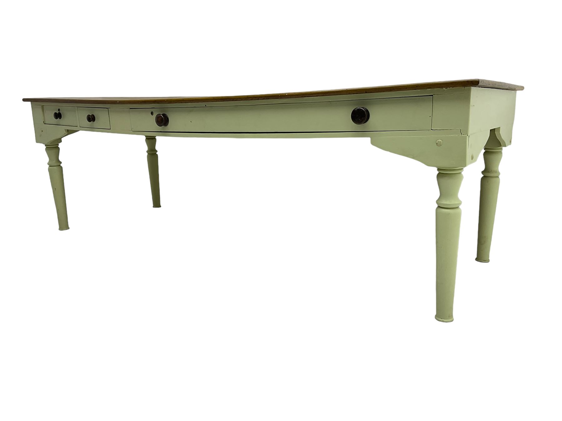 Large 20th century farmhouse style dining table, rectangular oak top on pale green painted base fitted with drawers, on turned supports