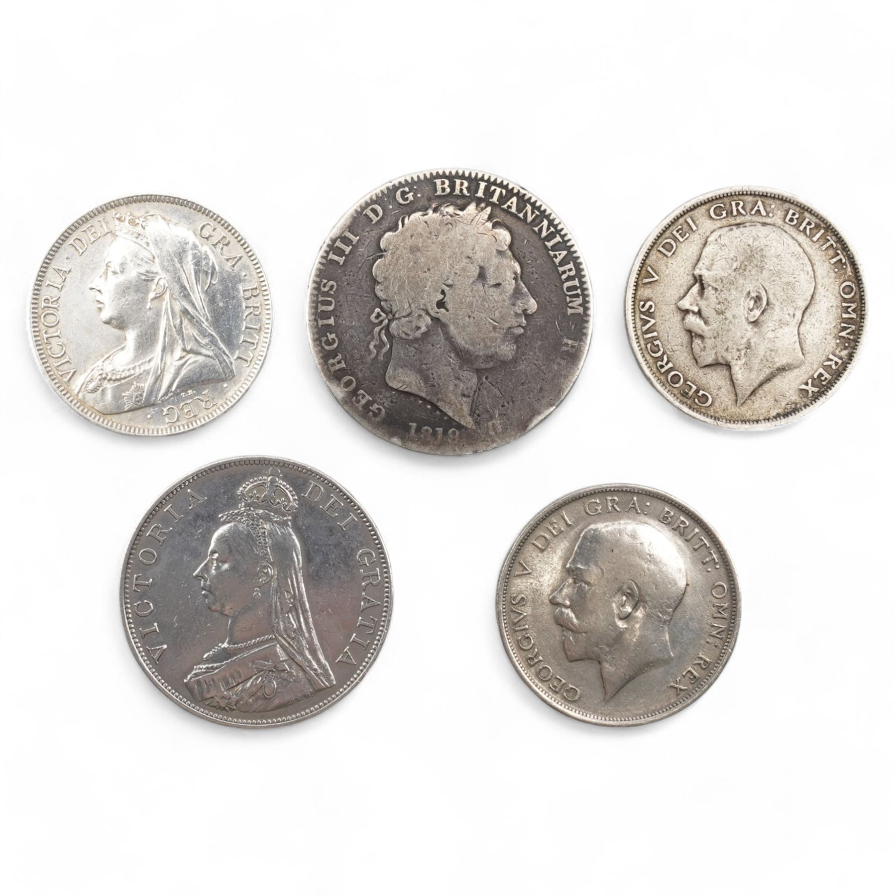 George III 1819 silver crown coin, Queen Victoria 1887 double florin, 1897 halfcrown and two King George V 1916 halfcrowns