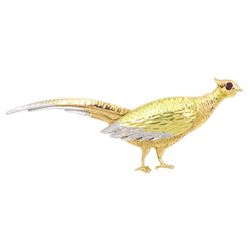 18ct rose, yellow and white gold pheasant brooch, set with a ruby eye, Birmingham 1964