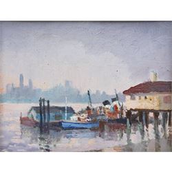 Attrib. Bernard John William Bowerman (Wapping Group 1905-1989): Jetty at Dusk, oil on board inscribed verso 19cm x 24cm