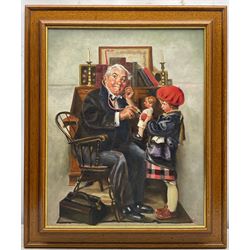 J M Varley (British 20th Century) after Norman Rockwell (American 1894-1978): 'How is she Doctor?', oil on canvas signed, titled and dated 1993 verso 50cm x 39cm 