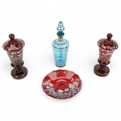 Pair of Victorian Bohemian ruby glass goblet and cover, together with a blue glass decante...