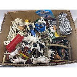 Quantity of Britains Ltd farm animals, figures and related accessories with eight die-cast model cars comprising Matchbox and Lledo 