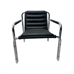 Baroumand Designs - pair of mid 20th century modernist armchairs, slung black leather seat with horizontal channel tufting, tubular chrome frame with curved arms, raised on tubular supports