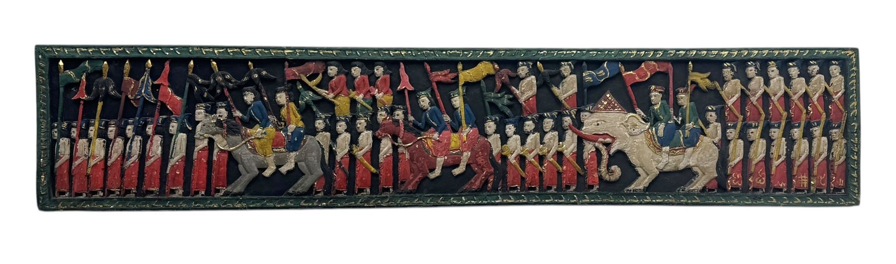 Rectangular relief carved and painted wall hanging panel, depicting ceremonial procession with soldiers and flag bearers on horses and elephants