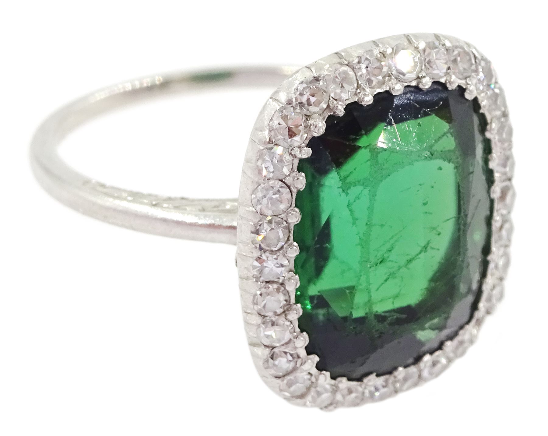 Early 20th century platinum green tourmaline and diamond cluster ring