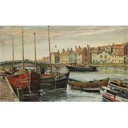 K Lund (British 20th century): Whitby Harbour, oil on board signed 39cm x 65cm
