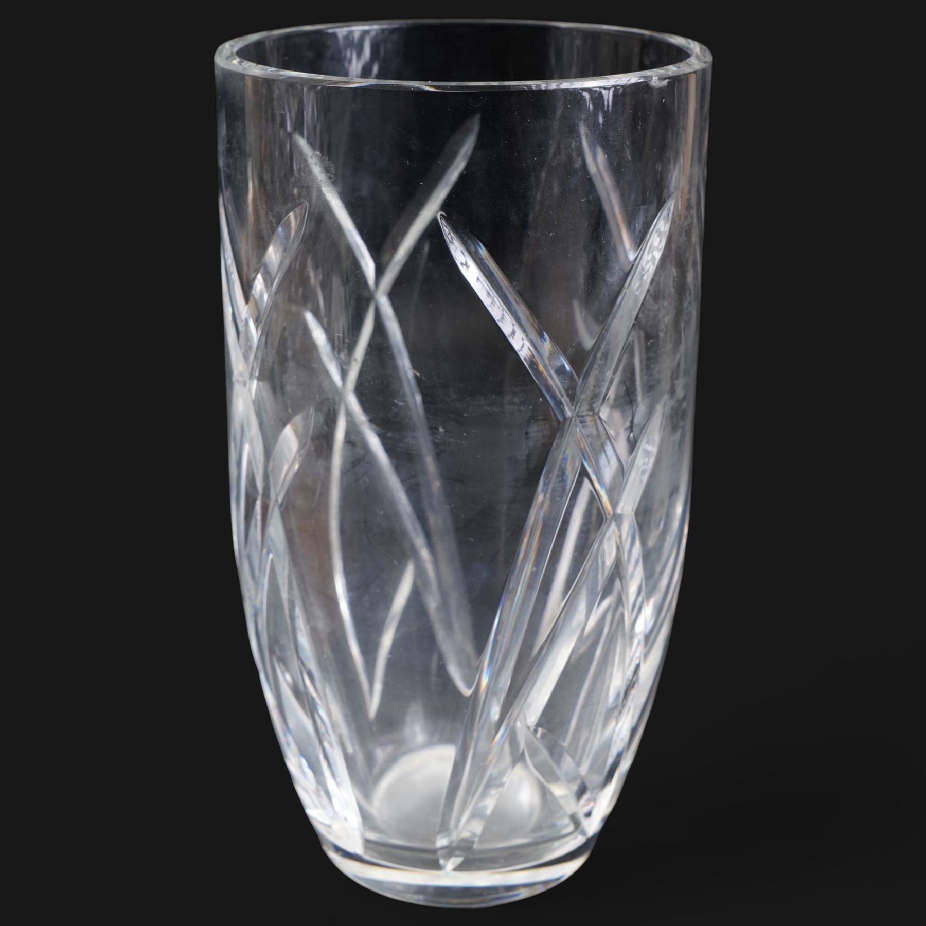 Large Waterford crystal vase, on replacement turned oak stand, H26.5cm, together with a John Rocha for Waterford crystal vase, H25.5cm (2)