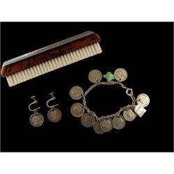 Coin charm bracelet, with mainly silver three pence coin charms, matching pair of earrings and a silver plate comb