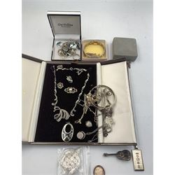 Silver jewellery, including an amber set necklace, pair of earrings and pin, silver charm bracelet, silver ingot pendant, filigree jewellery and other silver jewellery