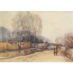 Frederick (Fred) Lawson (British 1888-1968): Walking Beside the Canal, watercolour signed and dated '10, 25cm x 37cm 