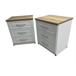 Pair of large oak and white finish three drawer bedside chests