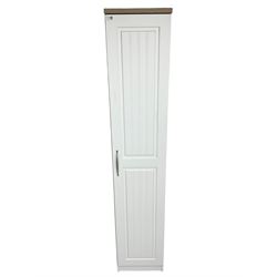 Oak and white finish tall narrow single wardrobe, fitted with shelves