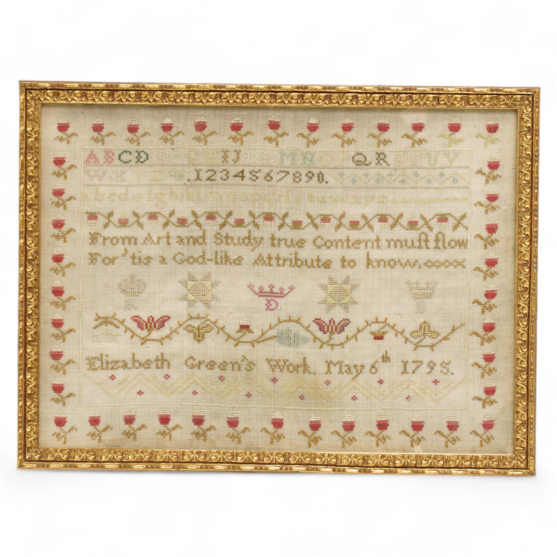 George III needlework sampler, worked with the alphabet, numbers and verse 'From Art and Study true Content muft flow, For 'tis a God-like Attribute to know.', by Elizabeth Green, May 6th 1795, within a floral bud border, in later gilt frame, 20cm x 27cm