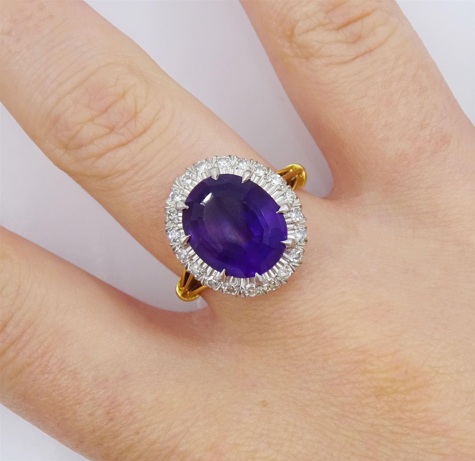 18ct gold oval cut amethyst and diamond cluster ring, hallmarked, amethyst approx 4.05 carat