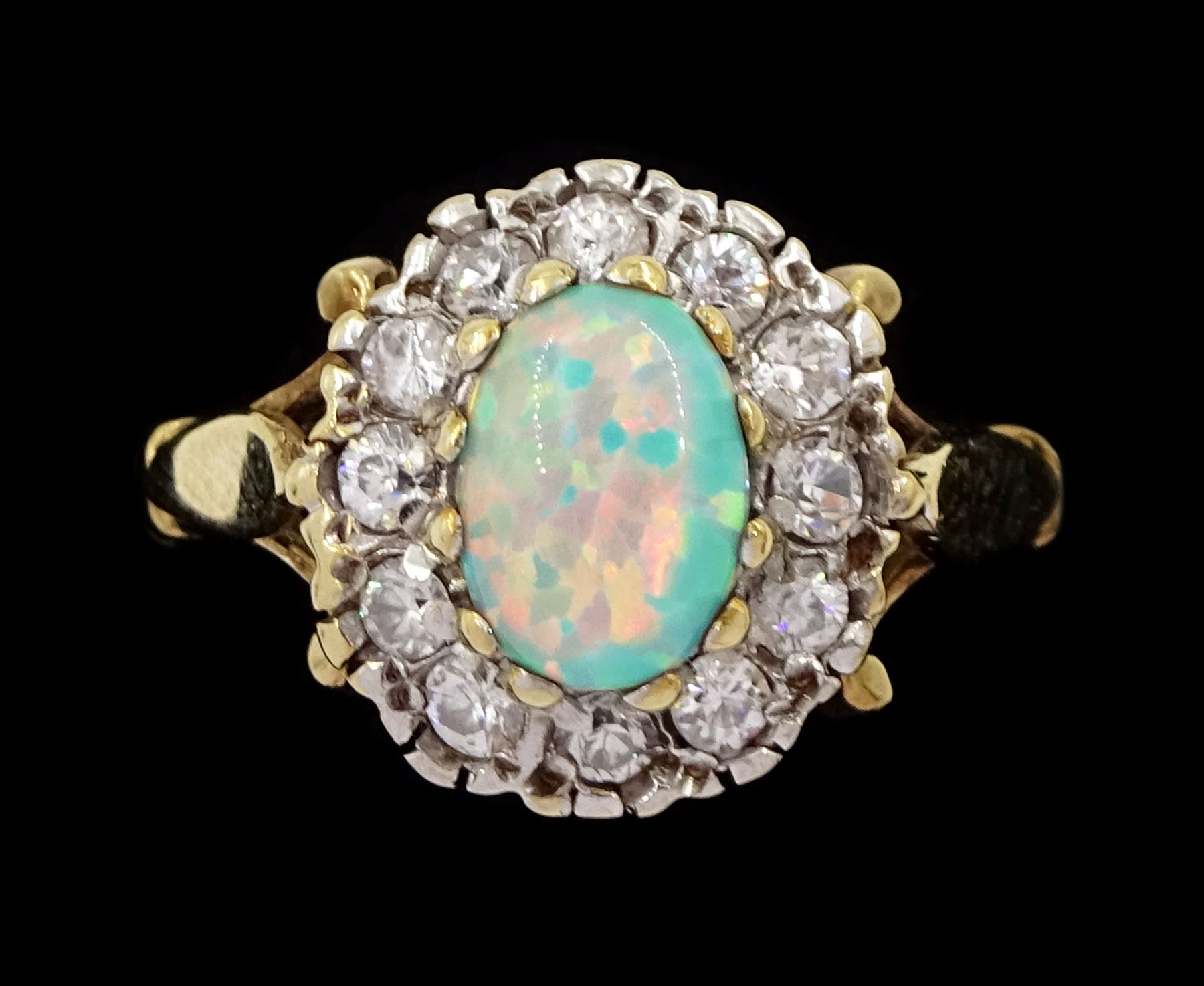 9ct gold opal and cubic zirconia cluster ring, hallmarked