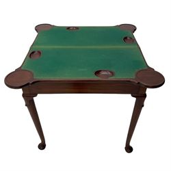 George III mahogany games table, the rectangular fold-over top with extending stepped rounded corners, opening to reveal baize lined interior with sunken counter wells, concertina action base, on lappet cabriole supports