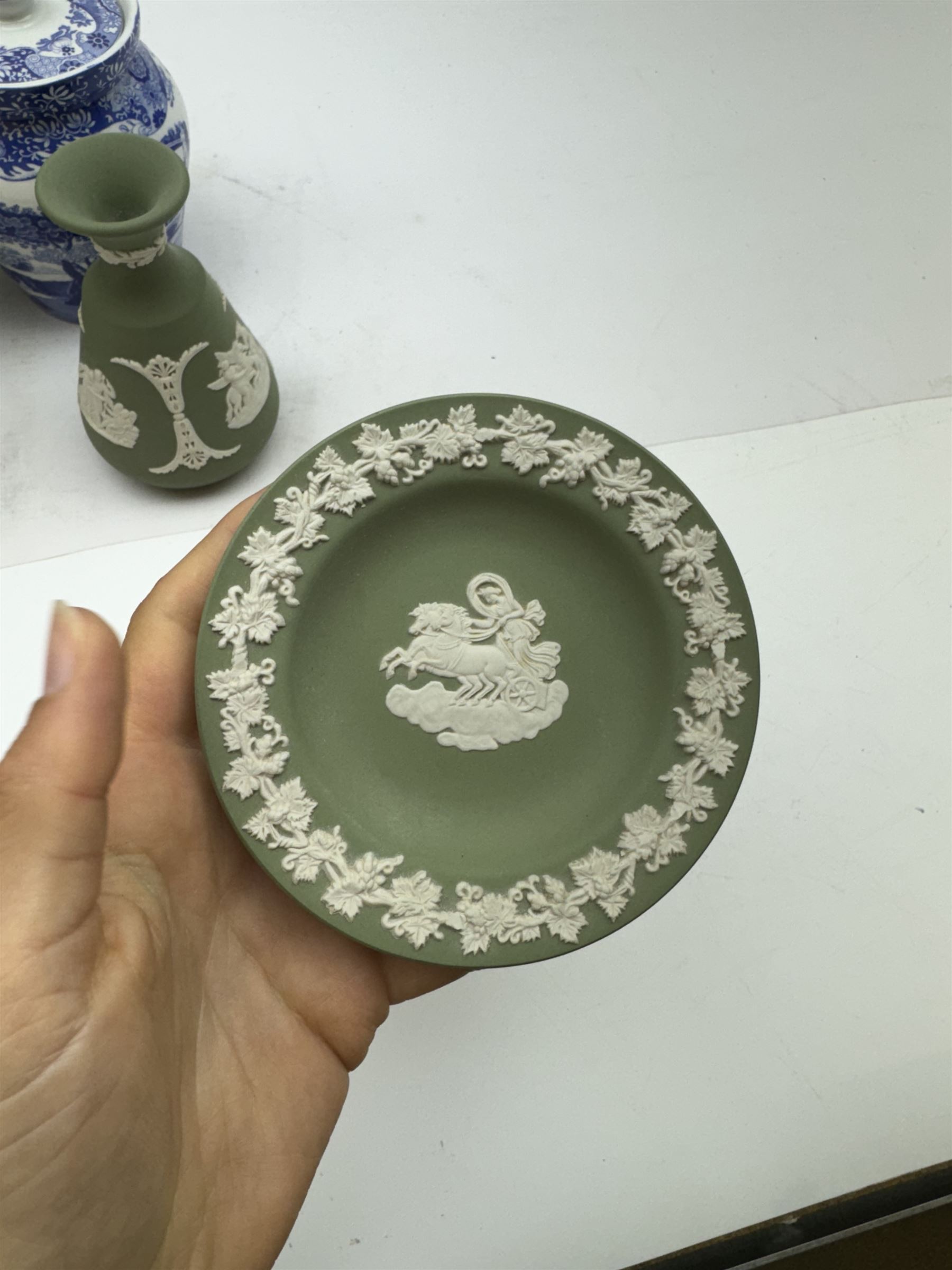 Wedgwood Jasperware stepped bowl, together with covered trinket box, vase and trinket dish, together with two Spode Italian pattern jars and dish