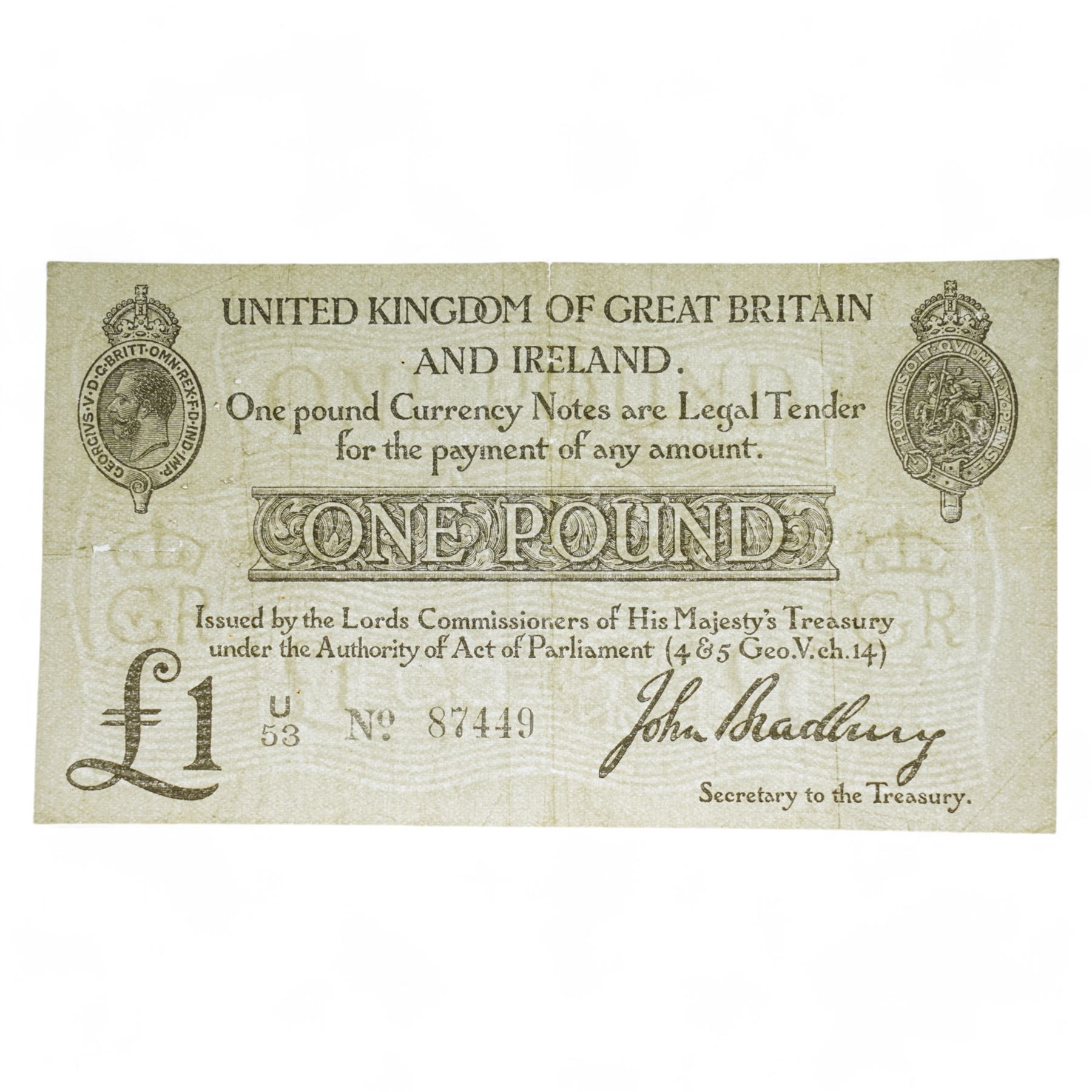 George V Bradbury second issue one pound banknote 'U53 No.87449'