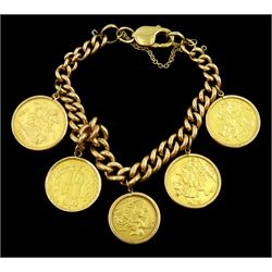 9ct gold curb link chain bracelet, with four gold full sovereign coins dated 1869 (shield back), 1888, 1910 and 1911 and one queen Victoria 1899 half sovereign gold coin, all loose mounted in 9ct gold pendants