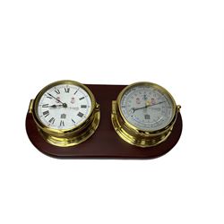 Sewell's - 20th century matching compendium aneroid barometer and quartz clock on a mahogany board,