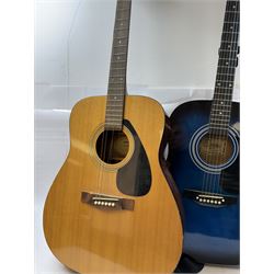 Three acoustic guitars, comprising Yamaha FX-310, Hohner MW-300 and Encore EN155BLMOFT