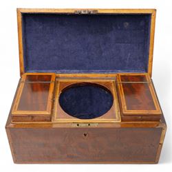 Early 19th century mahogany tea caddy crossbanded in satinwood, the interior with two covered containers and bowl recess W31cm